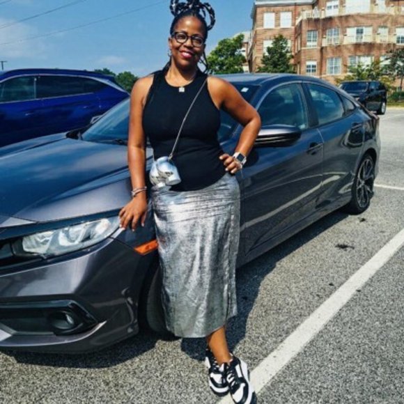 Metallic Silver Side Cut Out Midi Skirt Future Collective with Alani Noelle - Picture 2 of 6